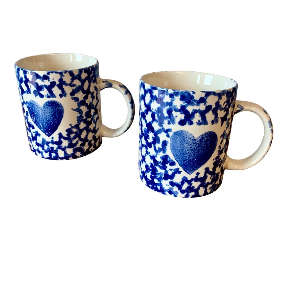 Vintage Gibson Heart Mugs Cobalt Blue Spongeware Ceramic Set of 2 Valentine's